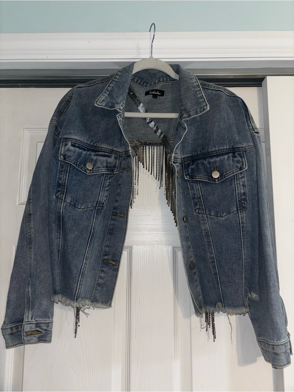 Fringed Hem Washed Blue Denim Jacket